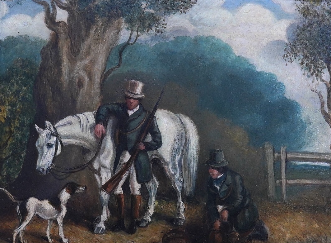 Early 19th century, naive English School, pair of oils on board, Huntsman, horses and hounds before landscapes, unsigned, one with indistinct label verso, 19 x 24cm, gilt frame. Condition - poor to fair